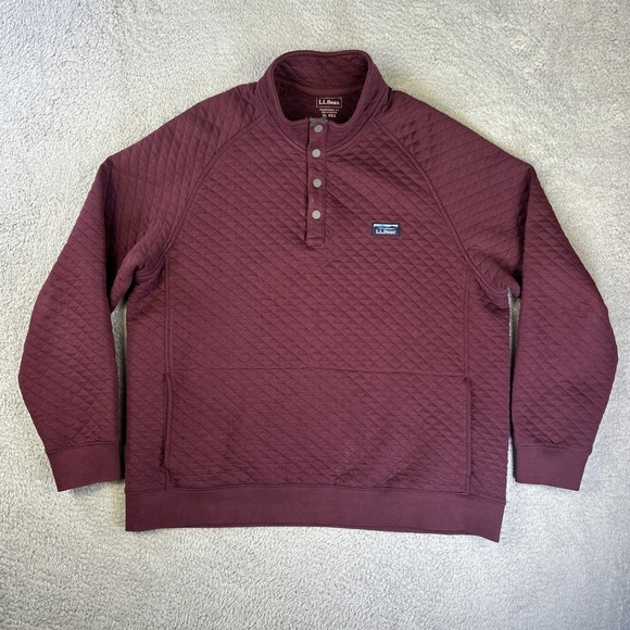 LL‎ Bean Quilted Sweatshirt Mens XL Maroon Burgundy Mock Neck Snap T Pullover - Picture 1 of 8